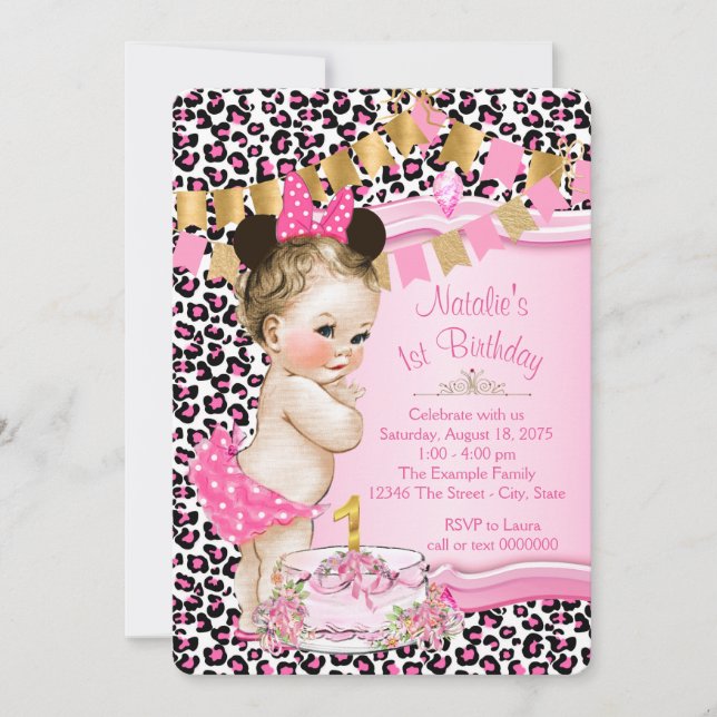 Invitation Filles Chic Rose Léopard 1er Anniversaire (Devant)