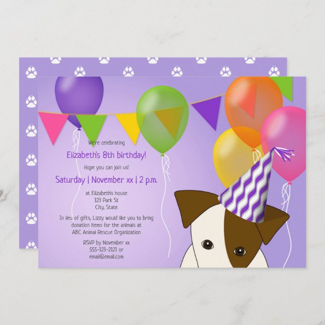 Invitation filles chiot anniversaire violet ballons multicolo (Devant / Derrière)
