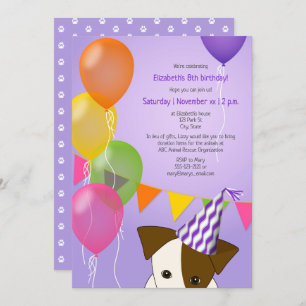 Invitation filles chiot anniversaire violet ballons multicolo