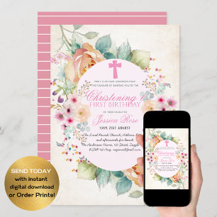 Invitation Filles CHRISTENING et 1er anniversaire Fille Flora