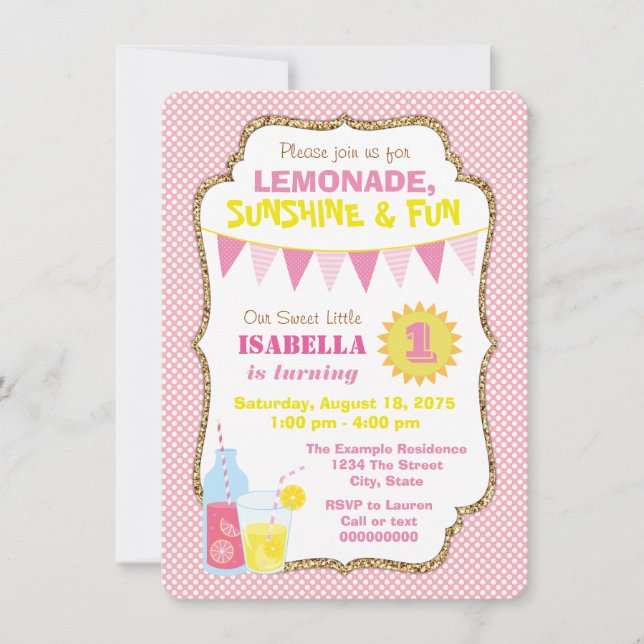 Invitation Filles Citronnade Rose Anniversaire (Devant)