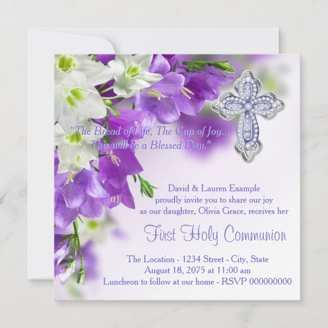 Invitation Filles Croix Florale Violette Première Communion (Devant)