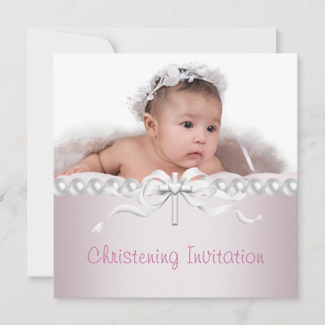 Invitation Filles Croix rose Christening Photo (Devant)