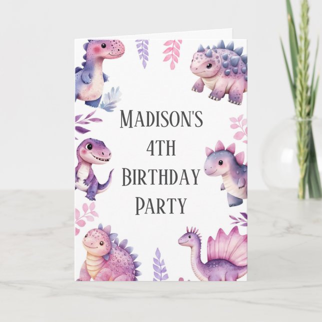 Invitation Filles Cute Dinosaur Thématique Anniversaire (Devant)