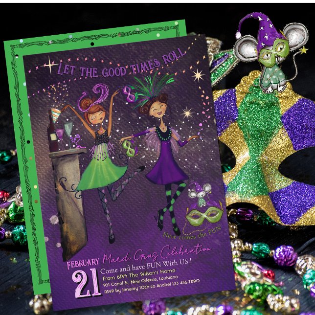Invitation Filles dansantes fantaisistes de Mardi Gras vert e (Whimsical Mardi Gras Dancing Girls Green & Purple Invitation)