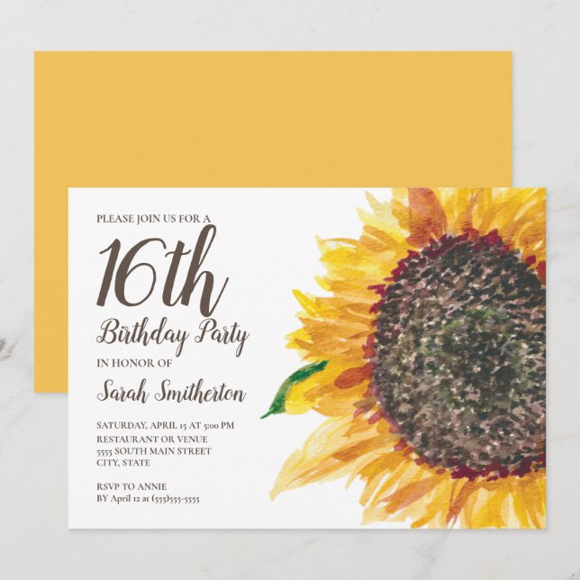 Invitation Filles de 16 ans d'anniversaire Sweet Yellow Brown (Devant / Derrière)