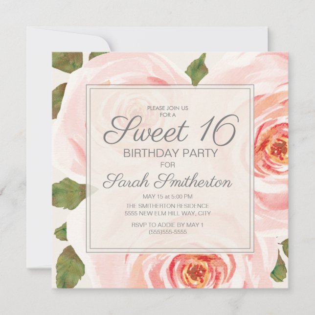 Invitation Filles de 16 ans Fleuris Rose Blush (Devant)