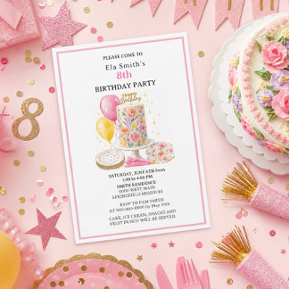 Invitation Filles de 8 ans Gâteau d'anniversaire floral et ba