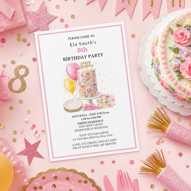 Invitation Filles de 8 ans Gâteau d'anniversaire floral et ba (Créateur téléchargé)