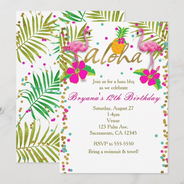 Invitation Filles de Aloha Luau Fête d'anniversaire Tropical  (Devant / Derrière)