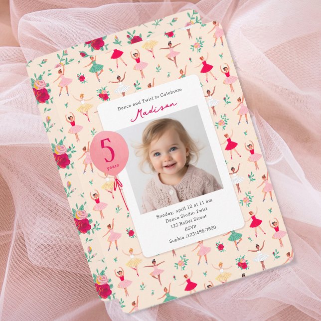 Invitation Filles de ballerine Photo d'anniversaire Fête de b (Cute Ballerina Girl Birthday Party Photo Invitation)