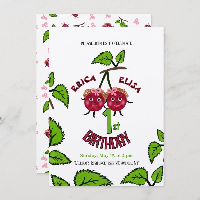 Invitation Filles de cerises jumelles (Devant / Derrière)