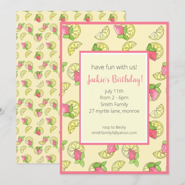 Invitation Filles de citron rose et jaune Anniversaire (Devant / Derrière)