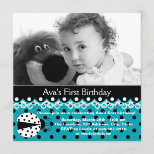 Invitation Filles de coccinelle bleu sarcelle Photo 1er anniv