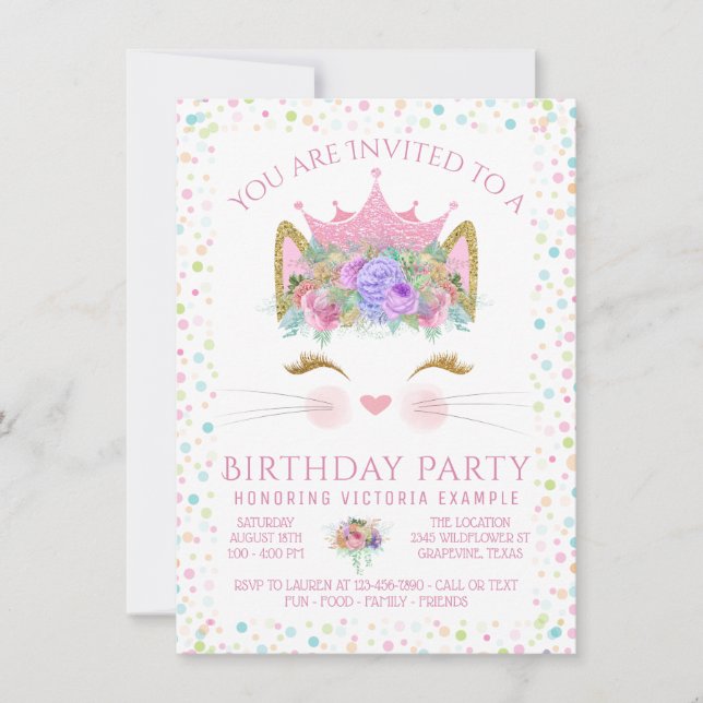 Invitation Filles de confettis de chat Kitty pour fête d'anni (Devant)