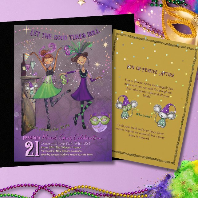 Invitation Filles de danse élégante de Mardi Gras fête violet (Fancy Mardi Gras Dancing Girls Party Purple Invitation)