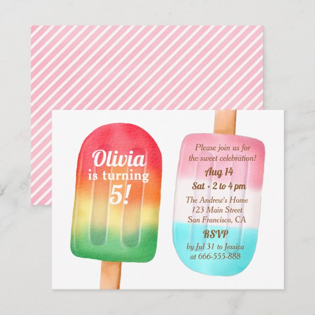 Invitation Filles de fête d'anniversaire de glace à l'aquarel (Devant / Derrière)