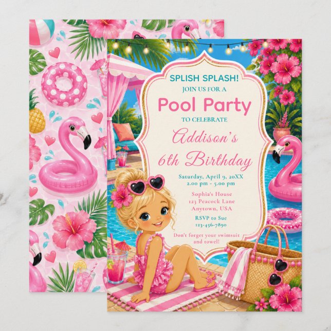 Invitation Filles de fête d'anniversaire piscine rose (Devant / Derrière)