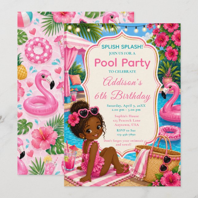 Invitation Filles de fête d'anniversaire piscine rose (Devant / Derrière)