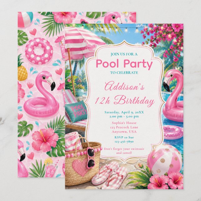 Invitation Filles de fête d'anniversaire piscine rose (Devant / Derrière)