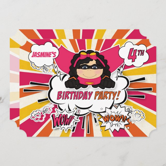 Invitation Filles de fête de 4e anniversaire Superhero Pink C (Devant / Derrière)
