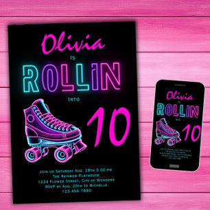 Invitation Filles de fête de roller skating néon glow anniver