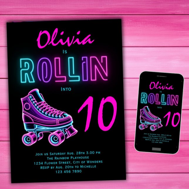 Invitation Filles de fête de roller skating néon glow anniver (Créateur téléchargé)