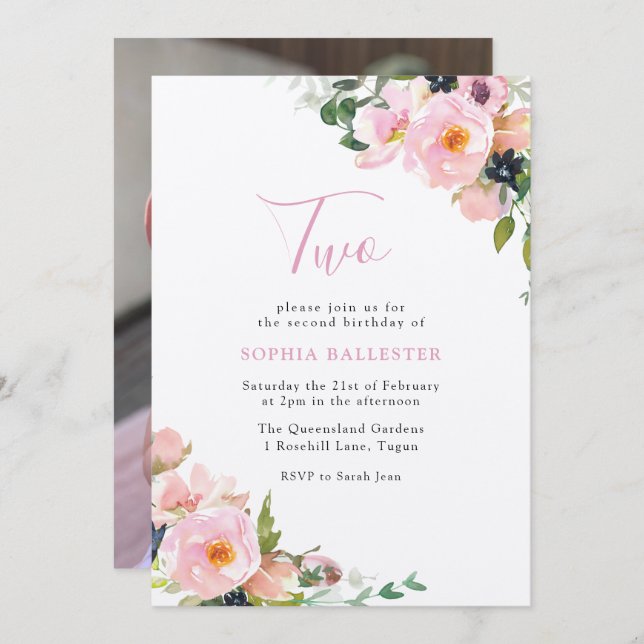 Invitation Filles de fleurs blanches et roses 2e anniversaire (Devant / Derrière)