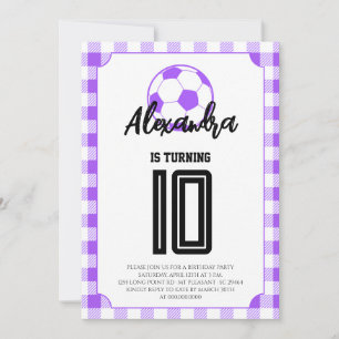 Invitation Filles de football à carreaux violets pour anniver