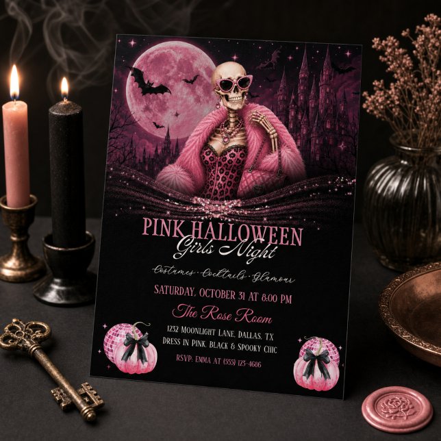 Invitation Filles de la nuit d'Halloween rose Glam Skeleton  (Créateur téléchargé)