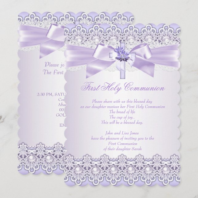 Invitation Filles de la Première Sainte Communion Croix Lavan (Devant / Derrière)