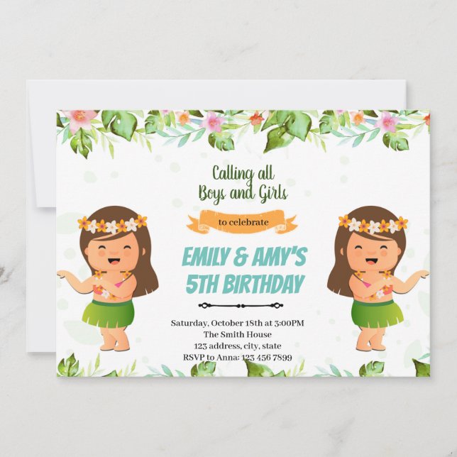 Invitation Filles de luau ou anniversaire commun de jumelles (Devant)