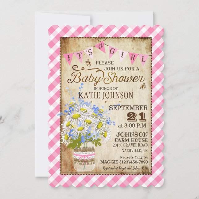 Invitation Filles de pays En vichy Vérifier Baby shower fille (Devant)
