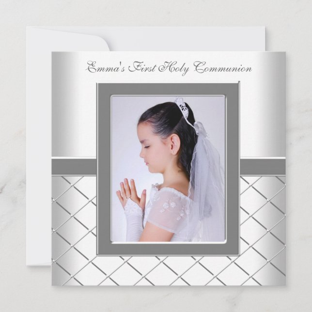 Invitation Filles de photo blanc argenté 1ère communion (Devant)