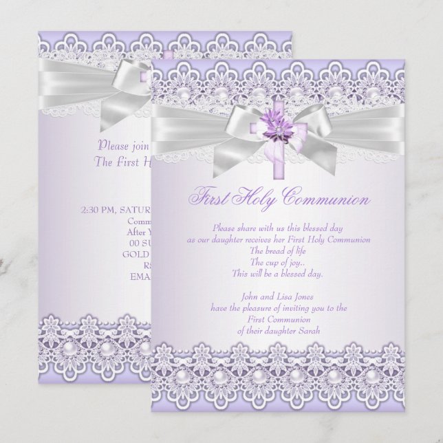 Invitation Filles de première communion croix lavande violet (Devant / Derrière)