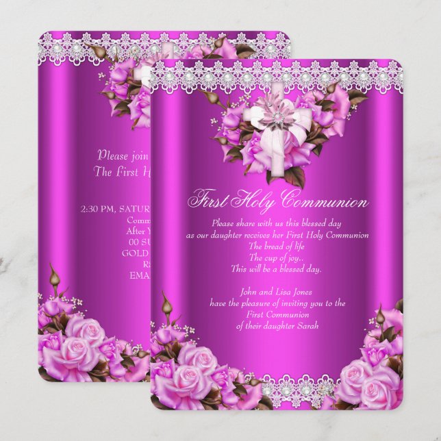 Invitation Filles de première communion en dentelle de perle  (Devant / Derrière)