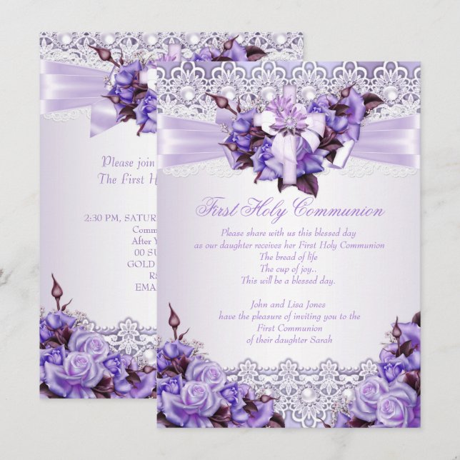 Invitation Filles de première communion lilas lavande violet  (Devant / Derrière)