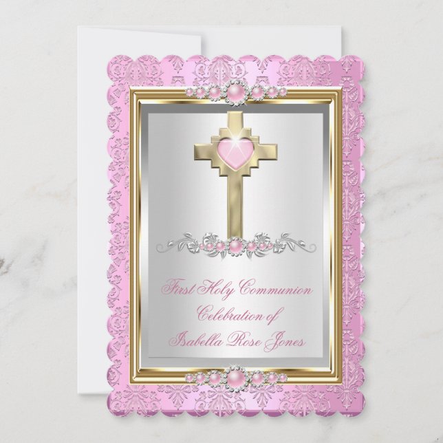 Invitation Filles de première communion rose perle damassé (Devant)
