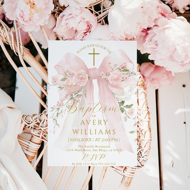 Invitation Filles de ruban floral Baptême Elégant Fleur Numér (Créateur téléchargé)