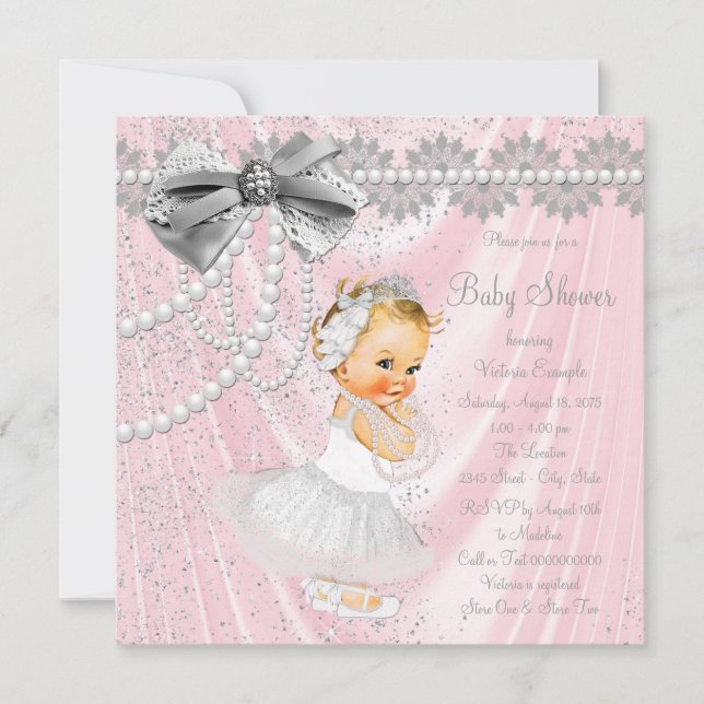Invitation Filles de satin rose perle Baby Shower (Devant)