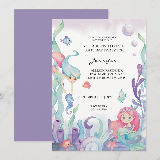 Invitation Filles de sirènes 1er fête d'anniversaire sous la  (Devant / Derrière)