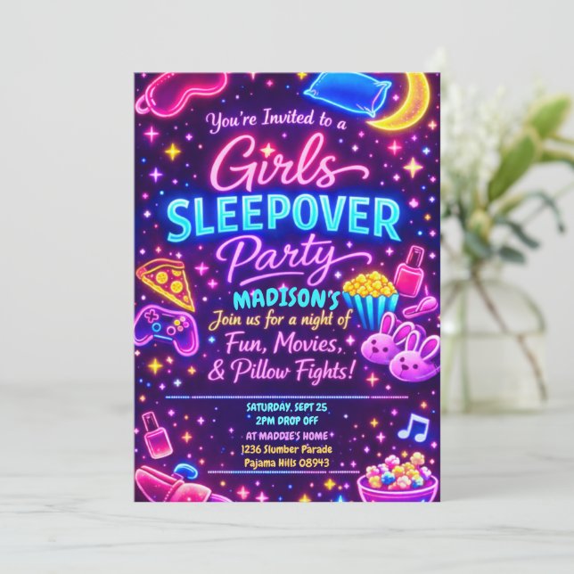 Invitation Filles de soirée pyjama Neon Glow Night Slumber (Debout devant)