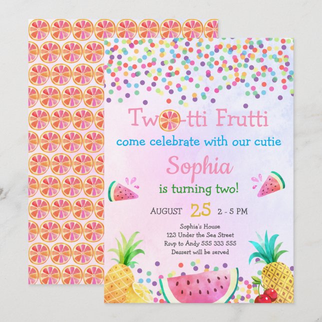 Invitation Filles Deux-Tti Frutti 2e Anniversaire Tropical Cu (Devant / Derrière)