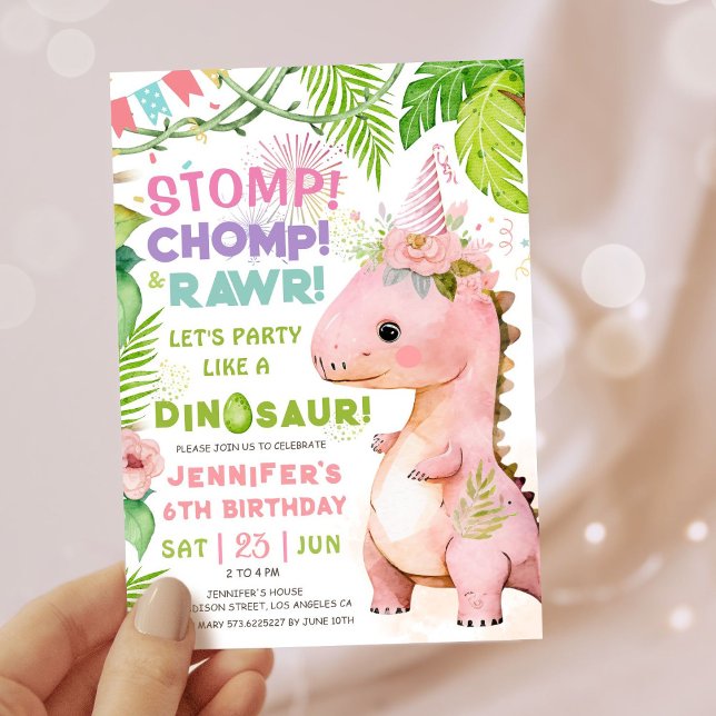 Invitation Filles Dinosaur 6e fête d'anniversaire mignonne Pi (Créateur téléchargé)