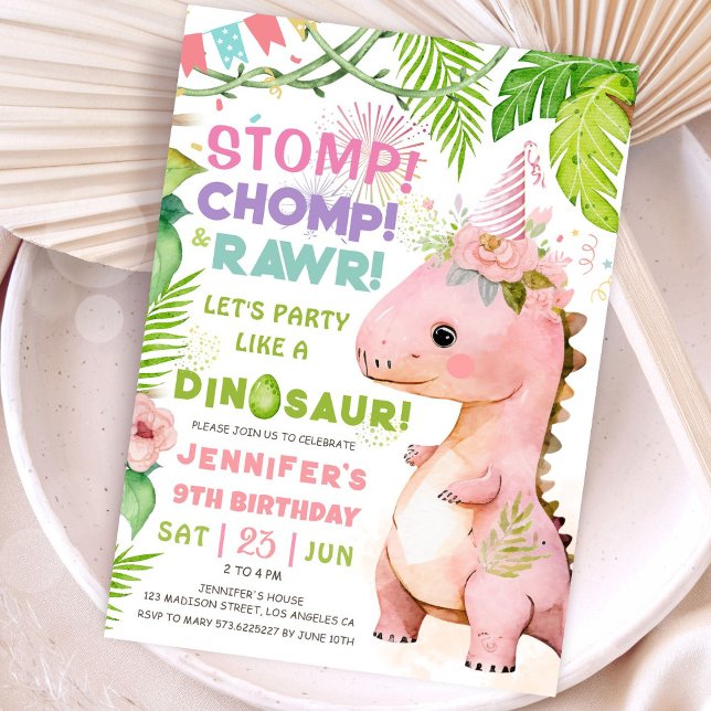 Invitation Filles Dinosaur 9e fête d'anniversaire mignonne Pi (#DinosaurBirthdayInvitation #DinosaurBirthdayInvite #GirlDinosaurBirthdayInvitation
)