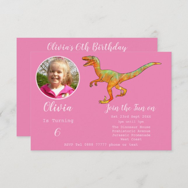 Invitation Filles Dinosaur Anniversaire Velociraptor Party ro (Devant / Derrière)