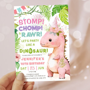 Invitation Filles Dinosaure 10ème Anniversaire Rose Mignon Di