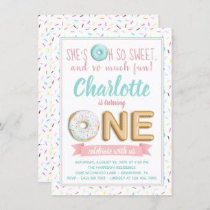 Invitation Filles Donut Foil Balloon 1er anniversaire