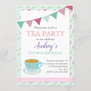 Invitation Filles du goûter d'anniversaire Salon de thé chic 