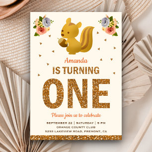Invitation Filles écureuils bébé Floral forestier Premier ann